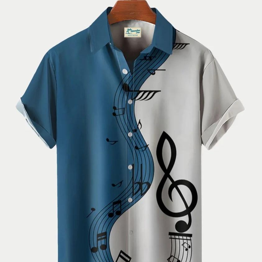 Men's Casual Shirt 3D Music Note Printed Hawaiian Men's Short Sleeve Lining