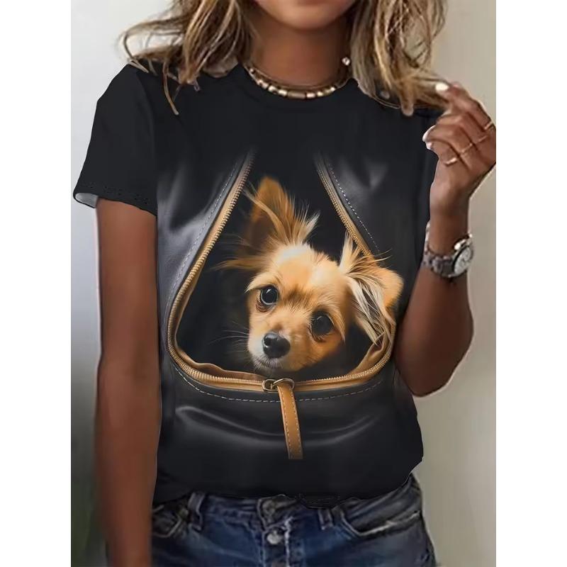 Cute Cat Dog Women's T-Shirts 3d Animal Print Daily Tshirt Funny Casual Ladies Short Sleeve O Neck Female Clothing Top