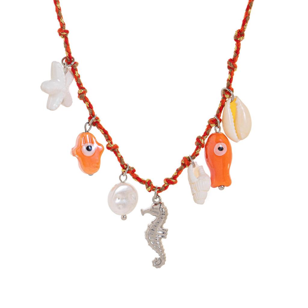 Collar de Perlas de Dopamina en Forma de Corazón con Colgante de Estrella de Mar Multicolor en Acero Inoxidable.