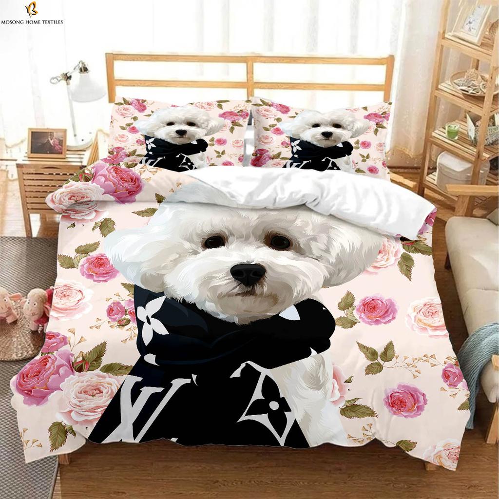 3pcs Cute Dog 3D Printed Quilt Cover Kids Room Bedding Set 100% Polyester Machine Washable Duvet Cover Pillowcase