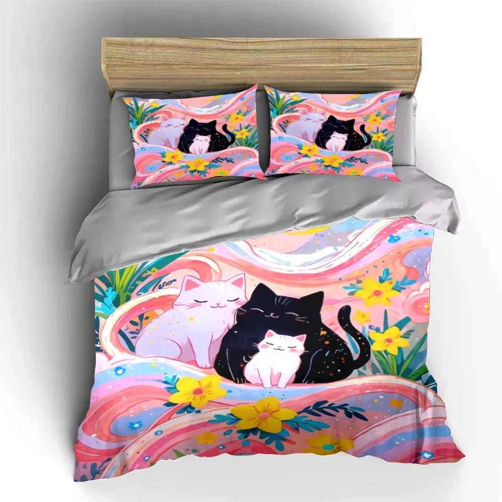 Colorful Cat Family Decor Set Soft Comfortable Duvet Cover Bedding Set Included 1*Duvet Cover & 2*Pillowcases Gift