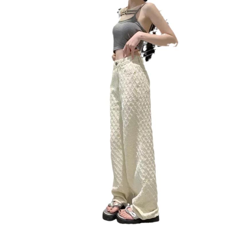 White High-Waist Diamond Lattice Crochet Jeans Women's Spring New Jacquard Design Wide-Leg Pants Trousers Pants