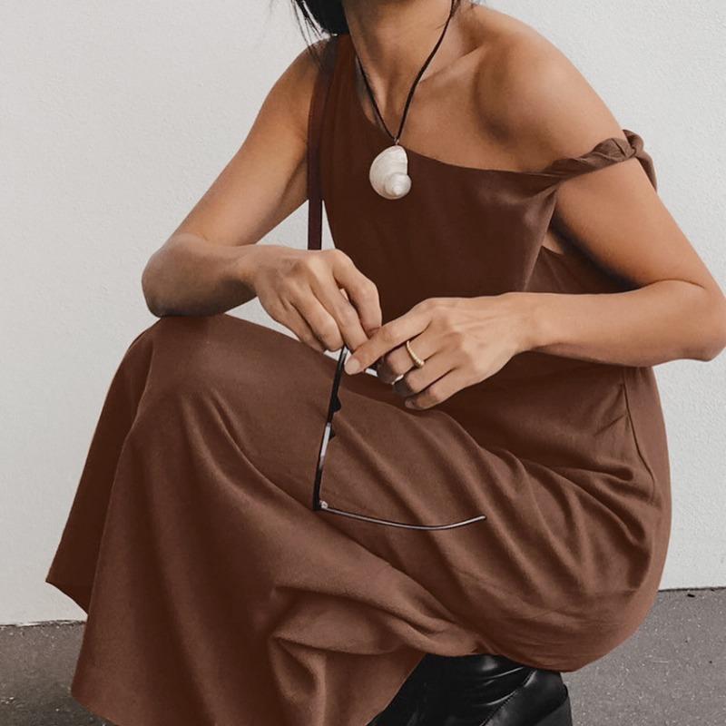 Französisches Design Sinnliches Kleid Frühling/Sommer Schräger Ausschnitt Schulterfrei Langes Kleid für Damen