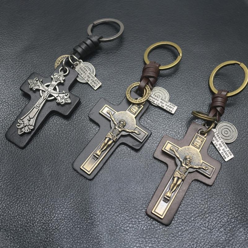 Unique Crucifix PU Leather Keychain Religious Key Ring Bag Pendant for Daily Use Trendy Punk Inspired Key Accessory
