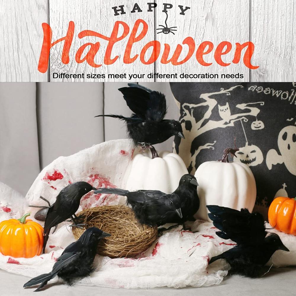 6pcs Halloween Black Crow Ornament with Bird Nest Realistic Handmade Crow Halloween Decoration Supplies