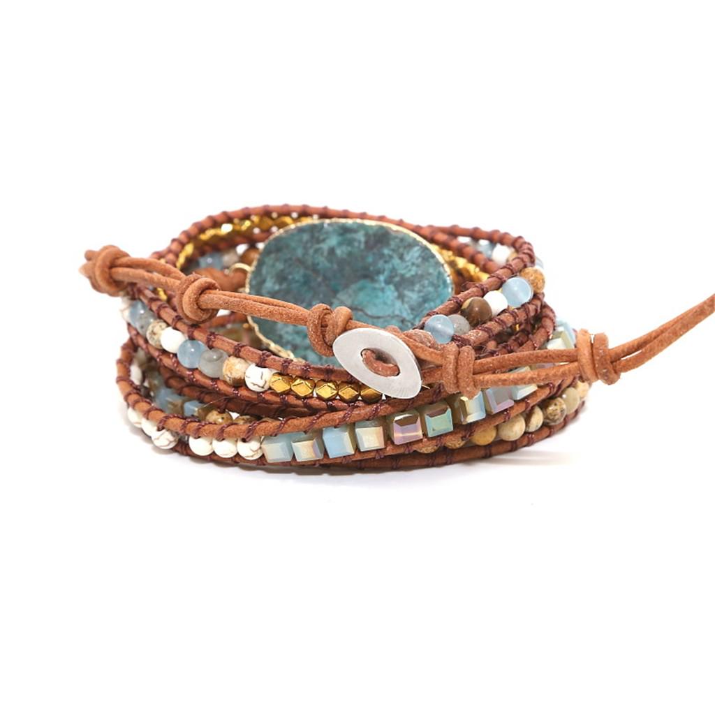 Ocean Stone Beaded Bohemian Wrap Leather  Jasper Bracelet Bangle Gift