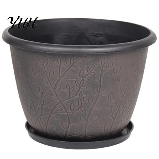 Large Plant Basin with Saucer 12 Inch Thickened Flower Pots for Outdoor Indoor, Plastic Leaf-Pattern Texture Weather Resistant Containers Planter