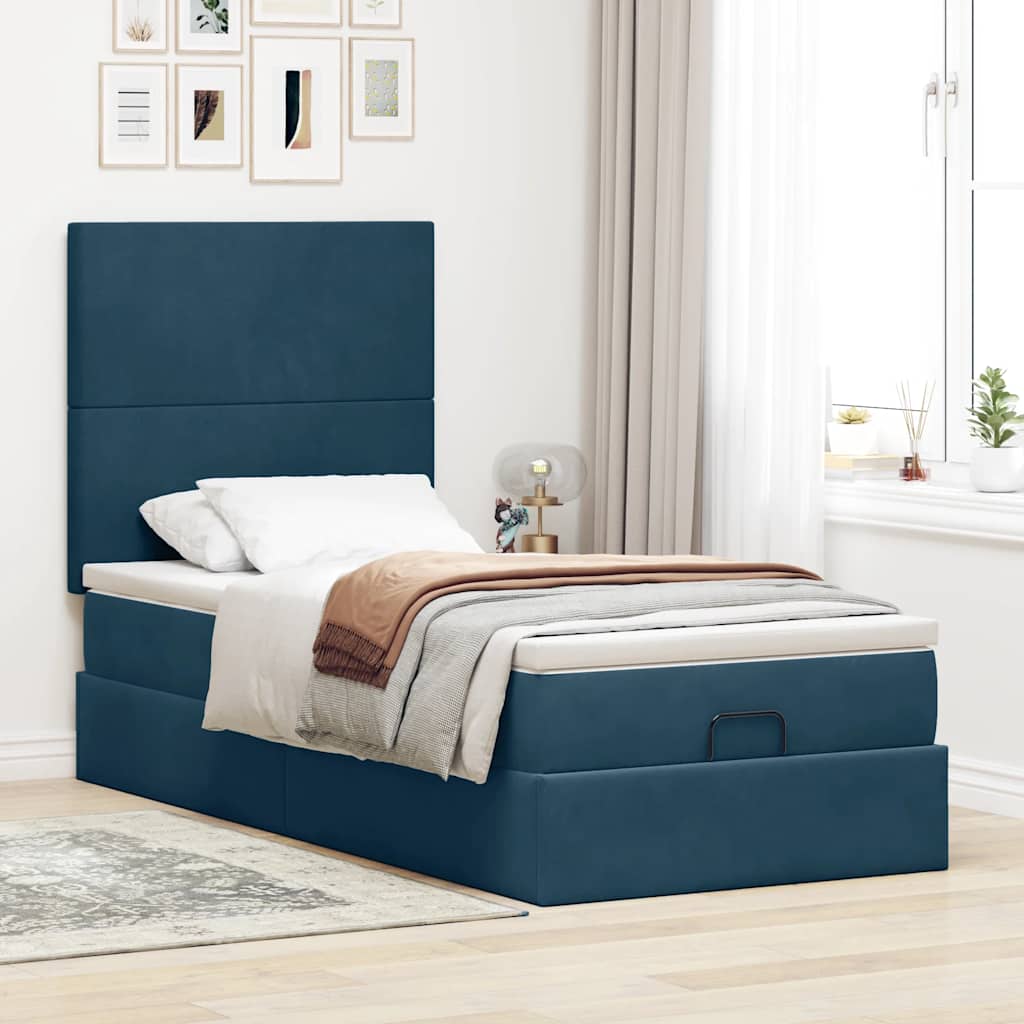 Ottoman Bed with Mattress & LEDs Dark Blue 90x190 Cm Velvet
