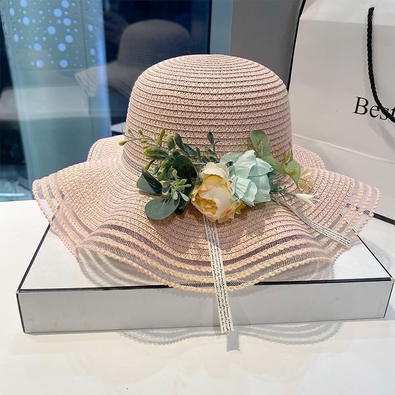 Straw Hat Women's Summer Sweet Big Eave Beach Hat Sun Hat Women's Summer Fashionable Flower Sun Hat Children
