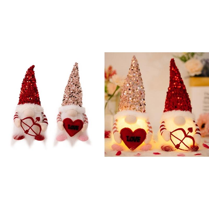 Valentine's Day Gnome Sequins Hat with Led Light Plushes Beard Doll Ornament for Elf Decoration New Year Holiday Gift
