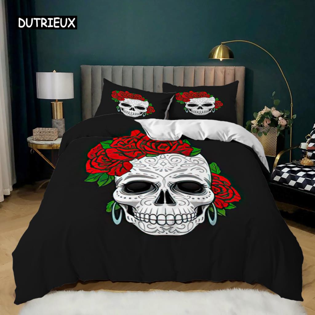 Skull Duvet Cover Queen Size Gothic Skeleton Bedding Set Rose Flower Polyester Comforter Cover for Kids Teens Adults Halloween