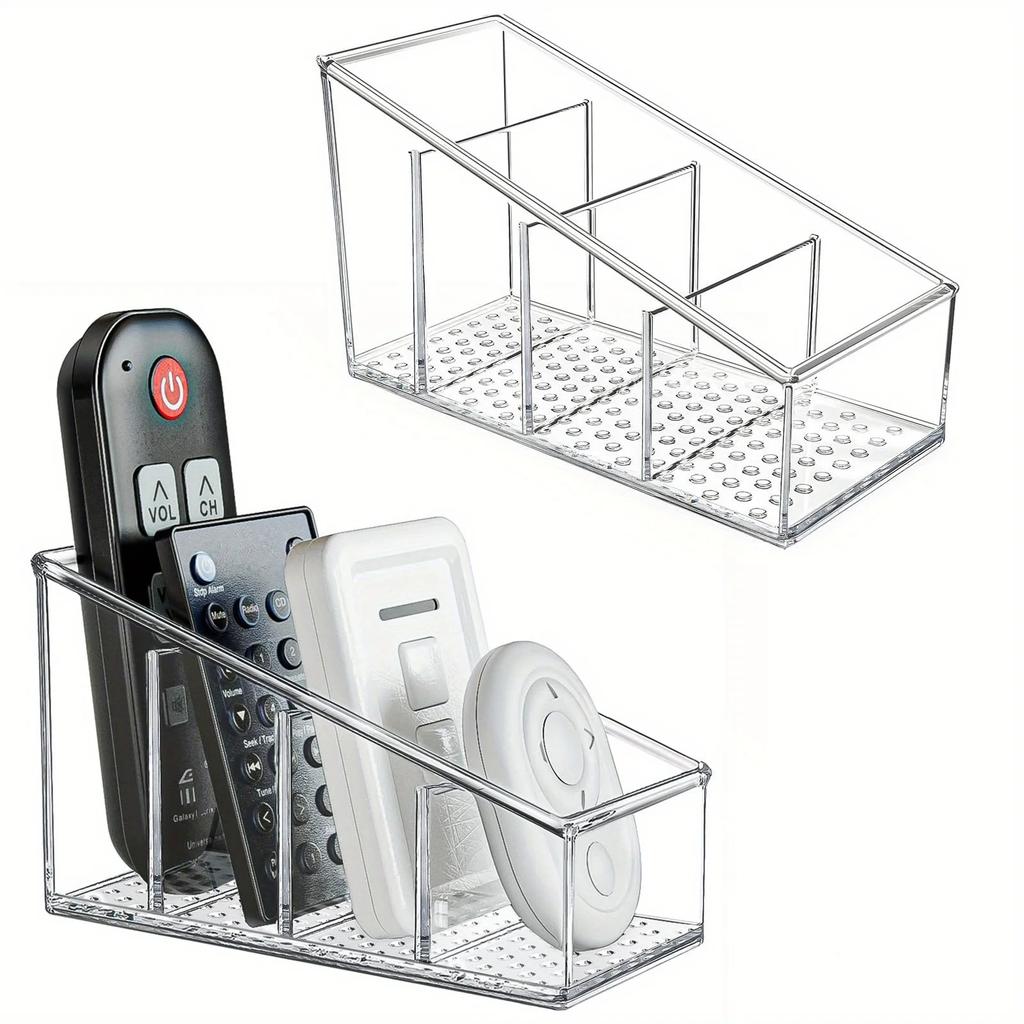 1pc Clear Plastic Remote Control Holder and Desk Organizer with 4 Compartments for Home and Office Use