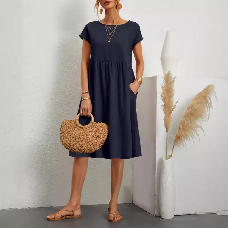 Fashion Summer OL Temperament Women's Clothing Cotton and Linen Round Neck A-shaped Skirt Large Size Loose Dress