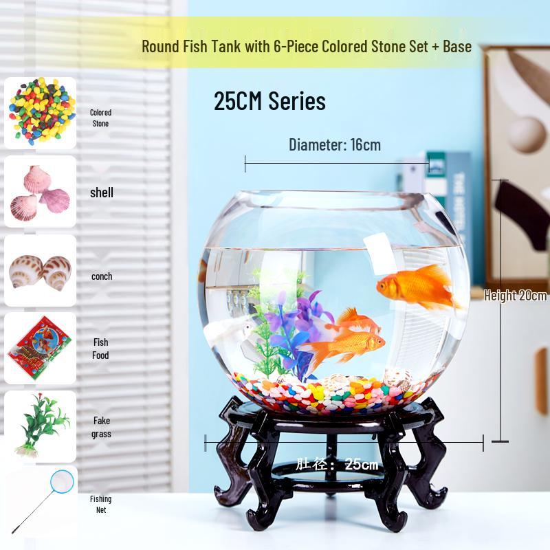 Transparent Round Glass Fish Tank for Office or Living Room - Small Desktop Aquarium for Goldfish or Turtles