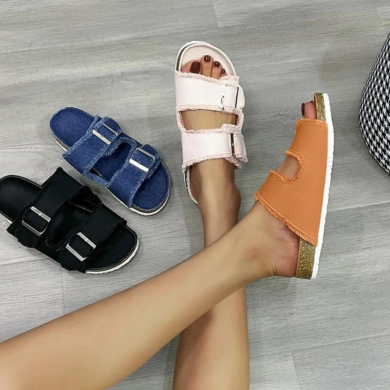 Shoes for Women 2024 Hot Sale Buckle Women's Slippers Summer Open Toe Solid Outdoor Flat Casual Comfortable Large Size Slippers
