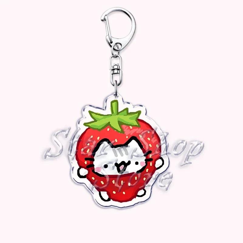 Kawaii Little Cat with Flower Keychains Strawberry Kitten Keyring for Accessories Bag Key Chain Ring Jewelry Fans Friends Gifts
