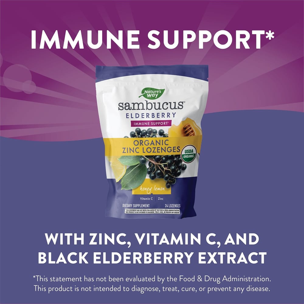 Nature's Way Elderberry, Zinc & Vitamin C Honey Lemon Lozenges, 24 Count