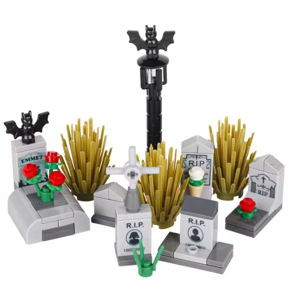 Halloween Scene Building Blocks MOC Cemetery Tombstone Mouse Pumpkin Car Vampire Throne Fireplace Bat Light Candle Toy Gift A040