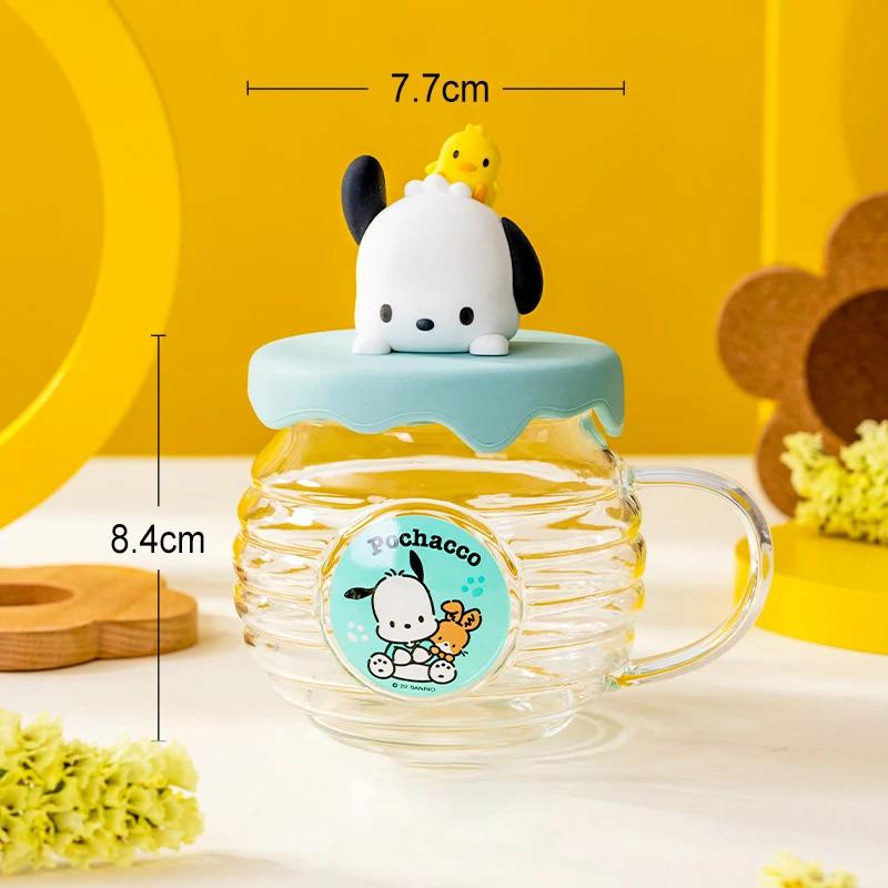 

For Sanrio Collaboration Glass Cup Honey Cant-Shaped Water Cup for Kids HelloKitty&Kuromi Pattern Mug with Cartoon Silicone Lid 420ML