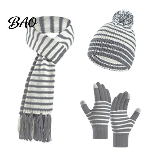 Soft Skin Friendly Winter Set 1 Hat Scarf Gloves for Kids, Fleece Lined Striped Knit with Children Elastic Ribbed Pom Pom, Cozy Toddlers Boys