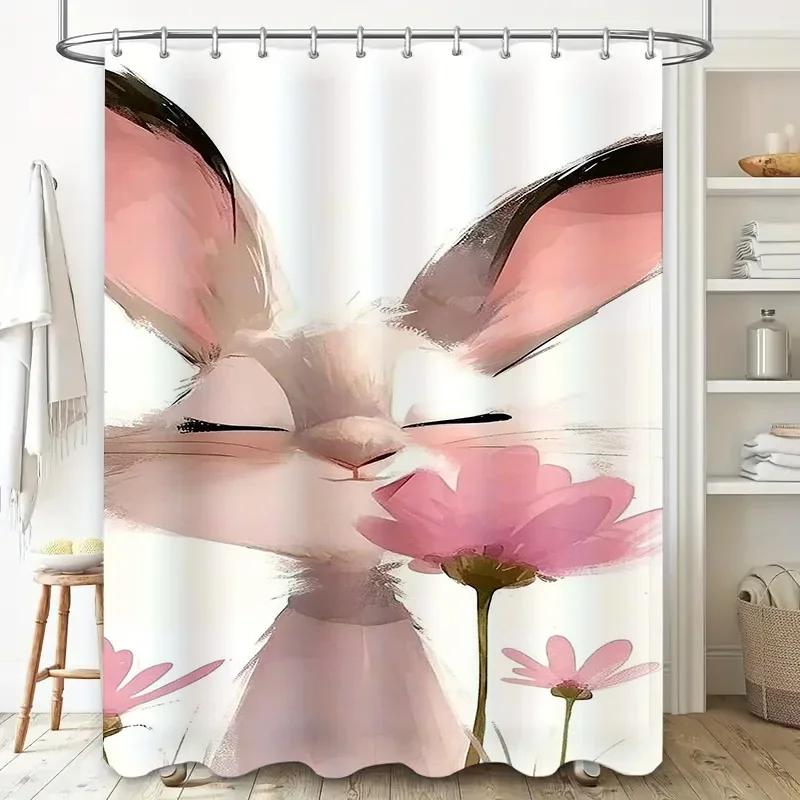 

Cute Bunny With Pink Flowers Design Waterproof Shower Curtain Heat Resistant Machine Washable Non-Transparent 180X180Cm W60H190(CM)-1 Pcs