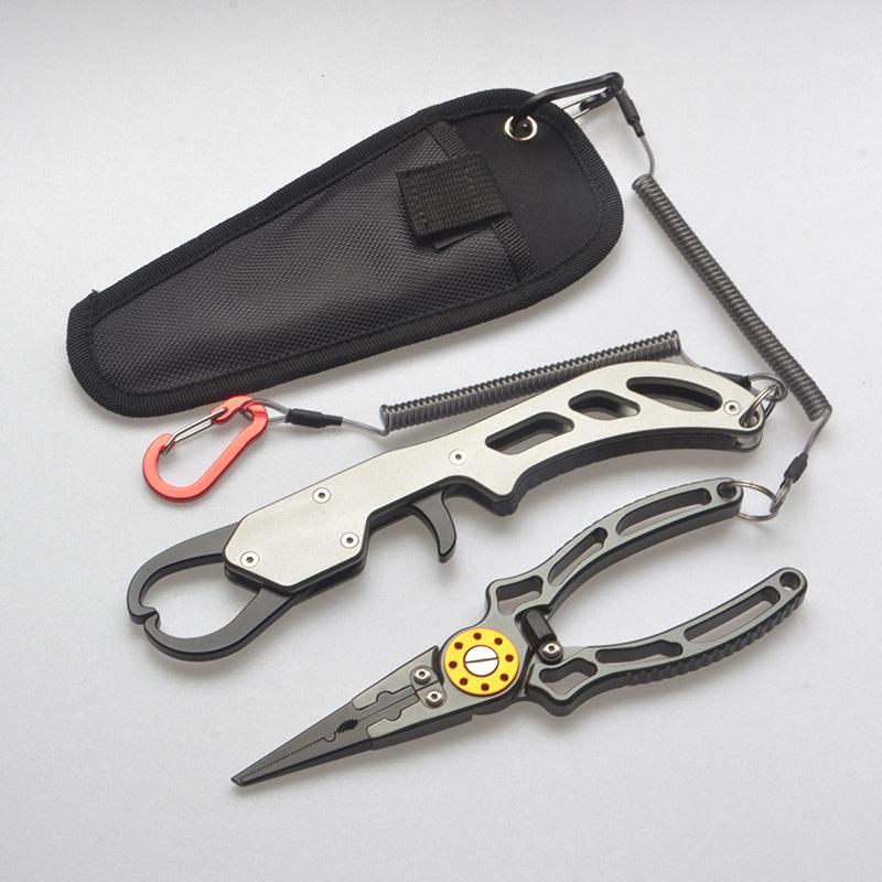 

2 шт./набір Багатофункціональний рибальський затискач Контроль Зовнішній помічник для риболовлі Відкривач кілець Гачок Ножиці для різання ПЕ волосіні Алюмінієвий сплав Рибальські інструменти Set (lure Pliers + Fish Controller) сірий