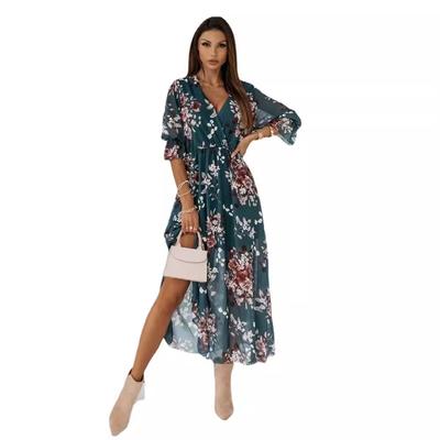 Chiffon Sommerkleider Damen Elegant A Linie Blumen Büro Frühling Langarm V-Ausschnitt Floral Maxikleider Damen Vestido