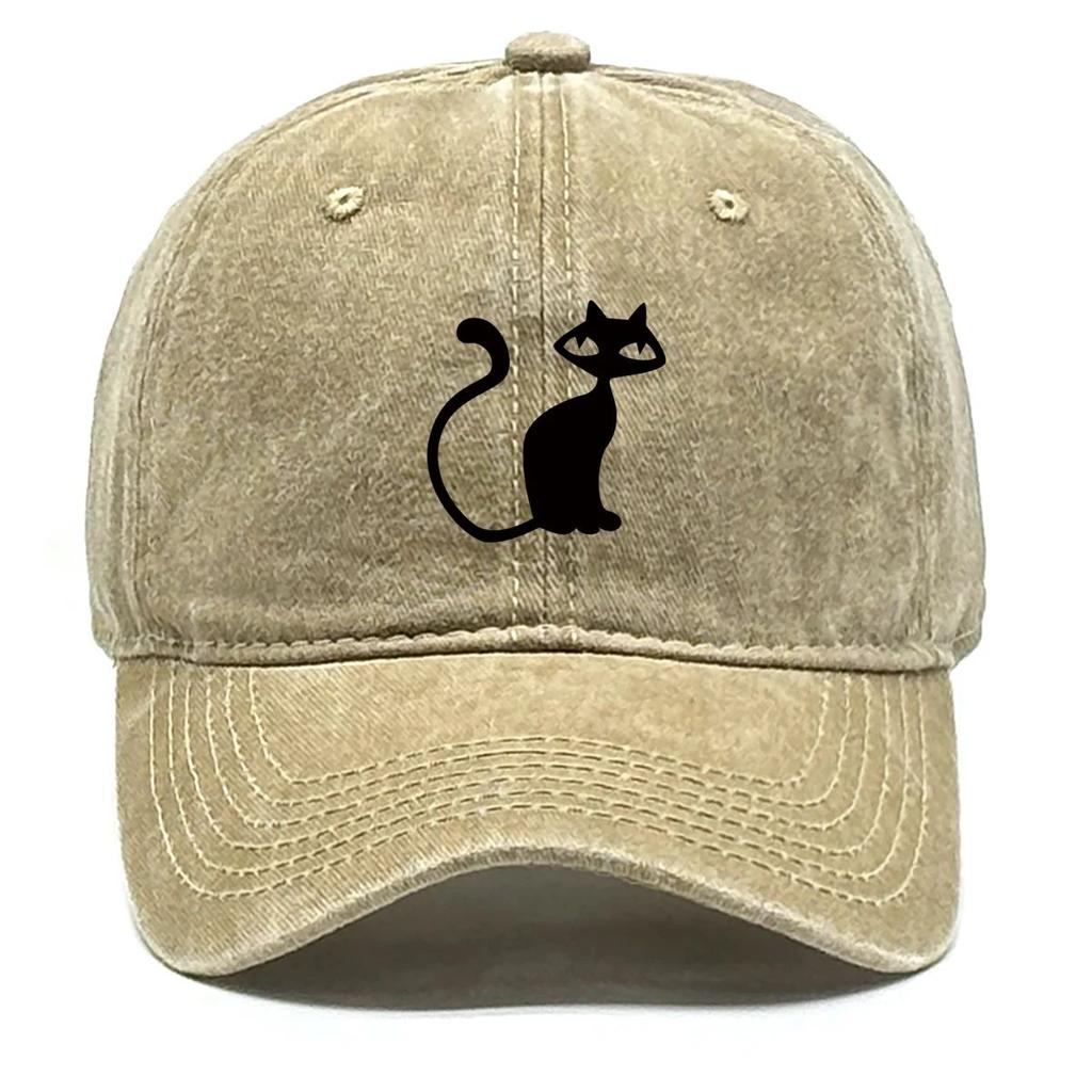 Casual Snapback Cap Cute Black Cat Hat  Unisex Women Adjustable Buckle Distressed Outdoor Sun Protection Picnic Fishing Cycling Hat