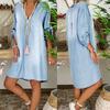 Women's Summer Casual V Neck Denim Long Party Dresses Short Sleeve Swing Dress