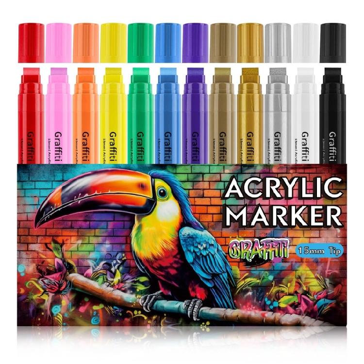 12 Pcs Paint Markers Drawing Pen Acrylic Marker 15mm Wide Acrylic Pen Graffiti Marker Craft Supplies for Kids Drawing