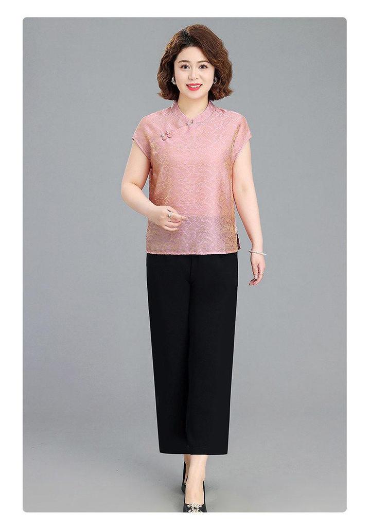 Mom's Chic Summer Chinese Style Two-Piece Short-Sleeve Top for Middle-Aged Women