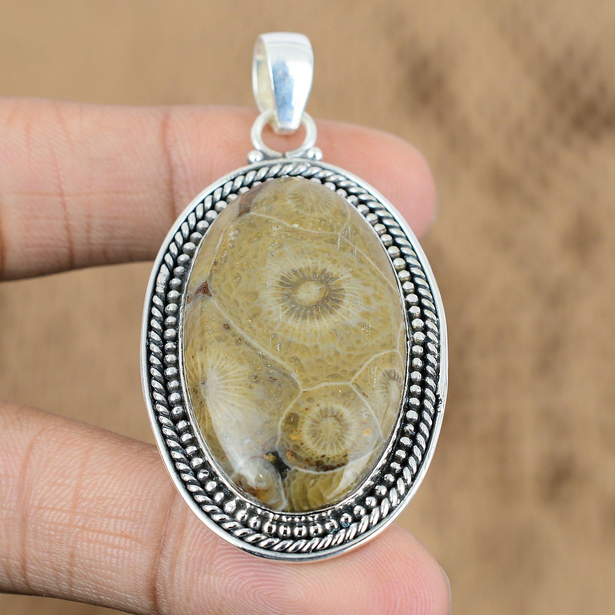 

Natural Fossil Coral Gemstone Pendant 925 Sterling Silver Jewelry For Girls