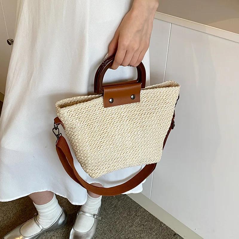 2025 Summer Weaving Straw Bags Casual Travel Beach Crossbody Bags Patchwork Top Handle Bags Beach Vacation Handbag
