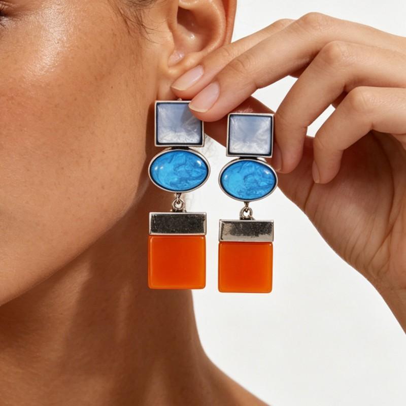 Bold Geometric Earrings Women Zinc Alloy Statement With Color Block Design In Green Blue Red
