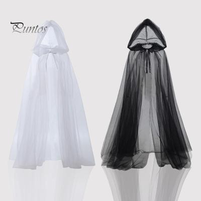 Halloween Cosplay Cloak Ghost Mesh Hooded Drawstring Pleated Floor Length Gothic Medieval Performance Capes Costumes Carnival Coat