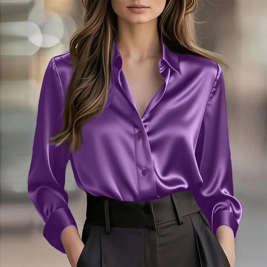 Women's V-Neck Button Down Shirt Long Sleeve Color Casual Blouse for Work Daily Wear