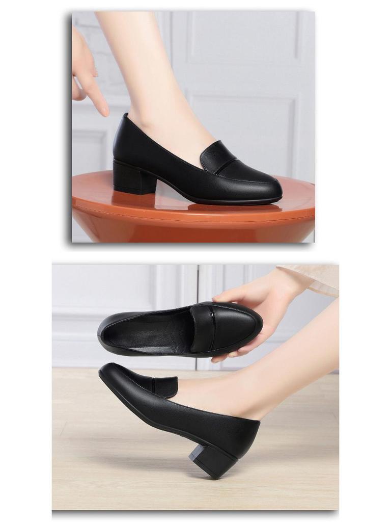 2025 Spring/Autumn Comfortable Soft Leather Chunky Heel Shoes for Women - Versatile for Middle-Aged and Elderly