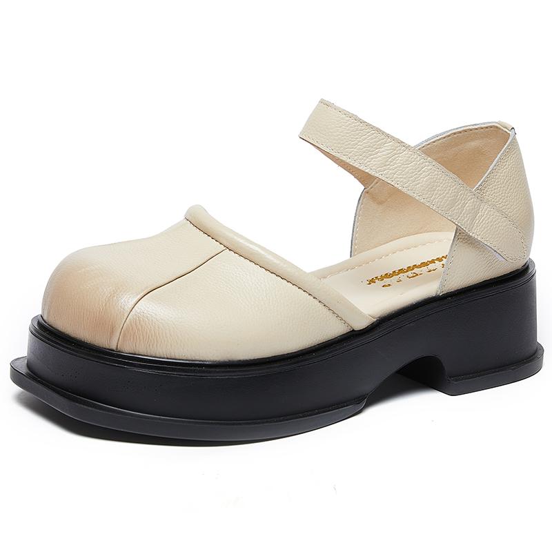 Fashion GKTINOO  Platform Sandals Women Hook&Loop Round Toe Genuine Leather Roman Casual Thick Soled Summer Ladies Shoes