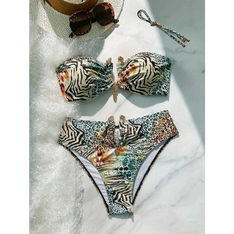 Sexy Bandeau Bikini 2026 Women Metal V Wire Zebra Tiger Print Push Up High Waist Swimsuit Beach Bathing Suit Two Piece Swimwear