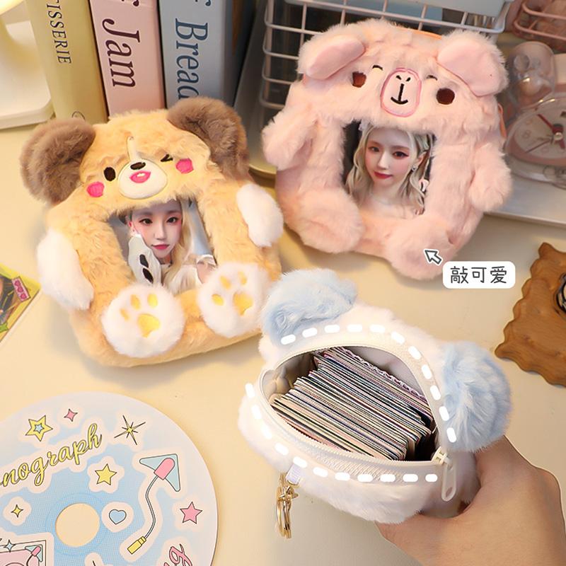 Kawaii Fluffy Card Holder, Adorable Plush Coin Purse for K-Pop Photocards School ID Badge Holder & Polaride Photo Backpack Charm