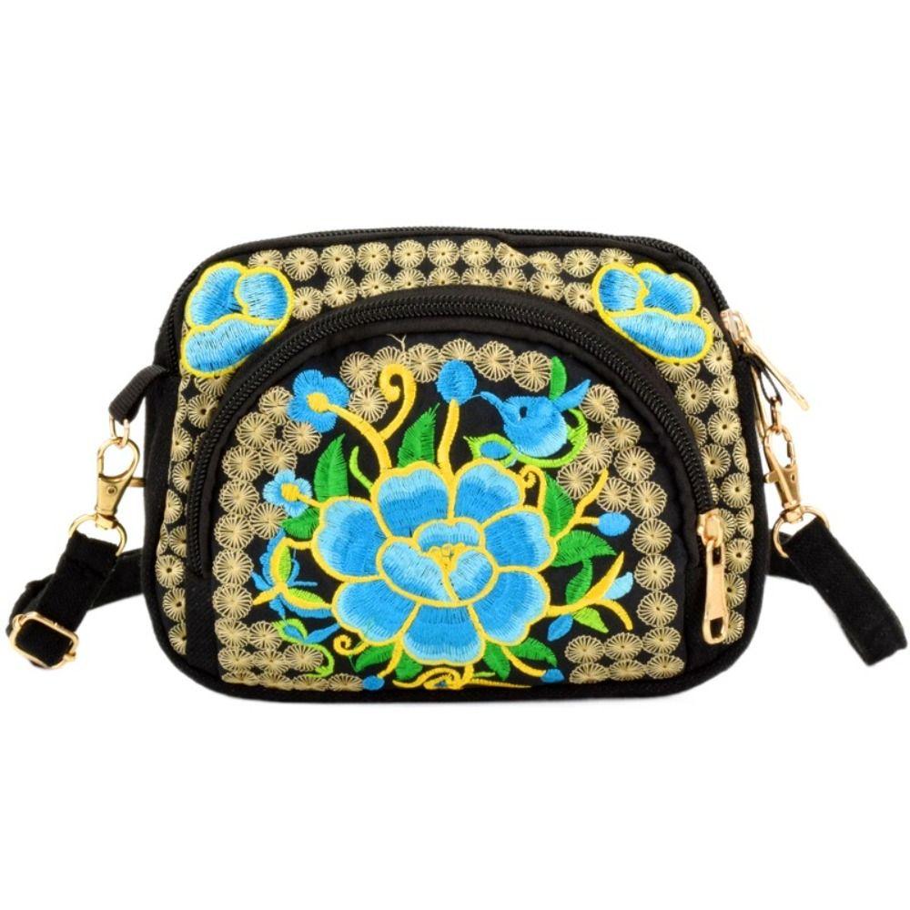Peony Embroidery Flower Shoulder Bag Canvas Zipper Flower Purse Wallets  Daily