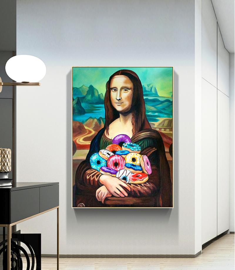Funny Wall Art for Toilet Mona Lisa with Toilet Paper and Doughnut, Bathroom Toilet, Unique Humorous Painting On Canvas,
