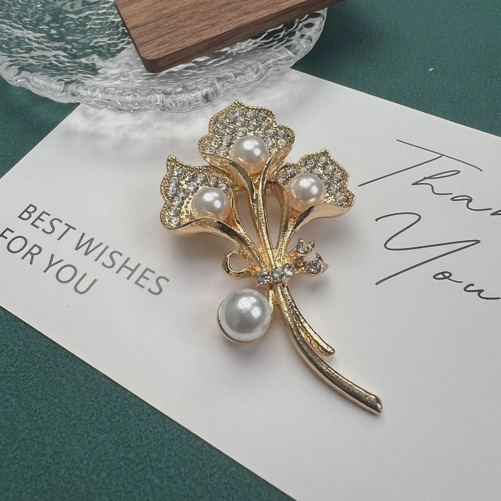 Calla Lily Brooch: Crystal, Diamond & Pearl Corsage Pin with Silk Scarf Buckle Functionality.
