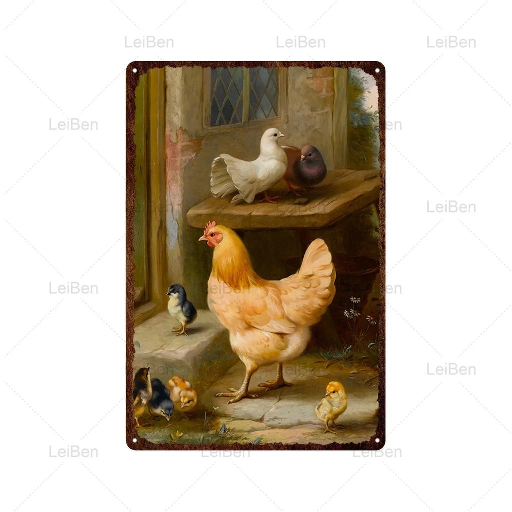 Kyckling Vintage Metallplåtskyltar Kyckling Tupp Höna Ägg Gård Staket Skylt Retro Plakett Dekorativ Plåt för Gårdstallrik Heminredning