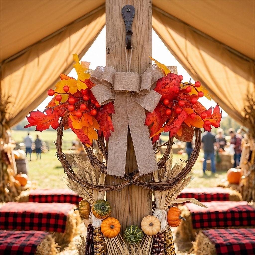 Fall Maple Leaf and Red Wreath for Thanksgiving Door Hanging and Home Decor