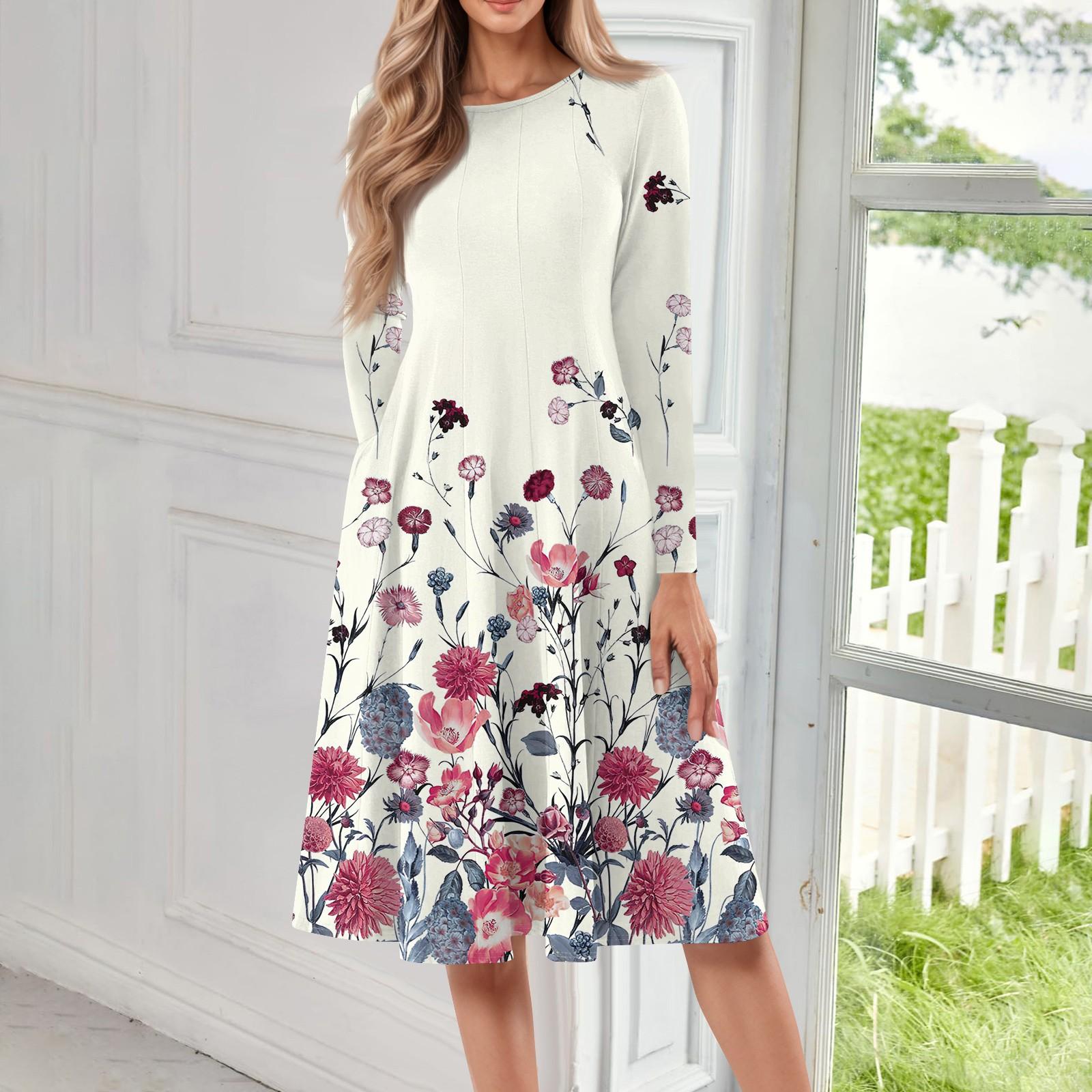 

Женское повседневное модное платье миди с круглым вырезом и длинными рукавами XL