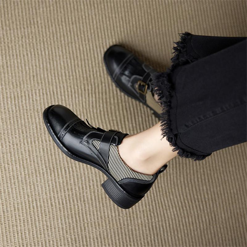 Moda Nuove Scarpe da Donna in Vera Pelle Primavera/Autunno Mocassini a Punta Tonda Scarpe da Donna Moda Pumps da Donna Tacco Alto Chunky