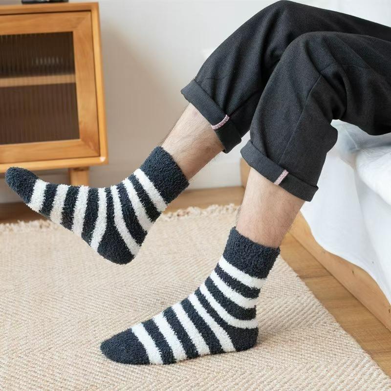 Coral Wool Socks - Men's Striped Half-wool Mid-calf Socks - Non-shedding, Thick and Warm Floor Socks, Home Wear Socks, with Added Wool Padding