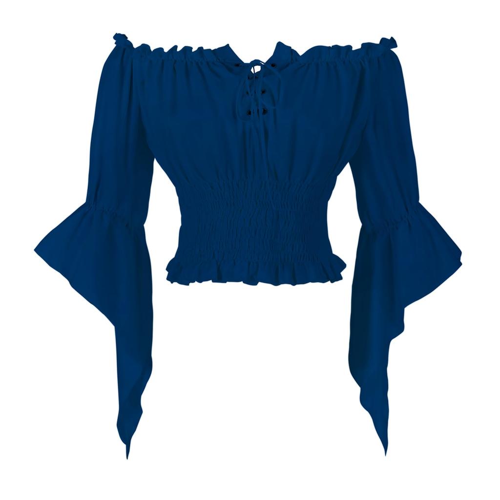 Women Vintage Off Shoulder Blouse Tie Front Mid Sleeve Casual Top Elastic Waist Ruffle Hem Shirt