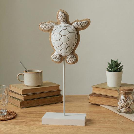 Nautical Sea Turtle Statue Rustic Standing Sea Turtle Block Sign Summer Ocean Tabletop Figurine with Wooden Base for Coastal Beach Home Decor